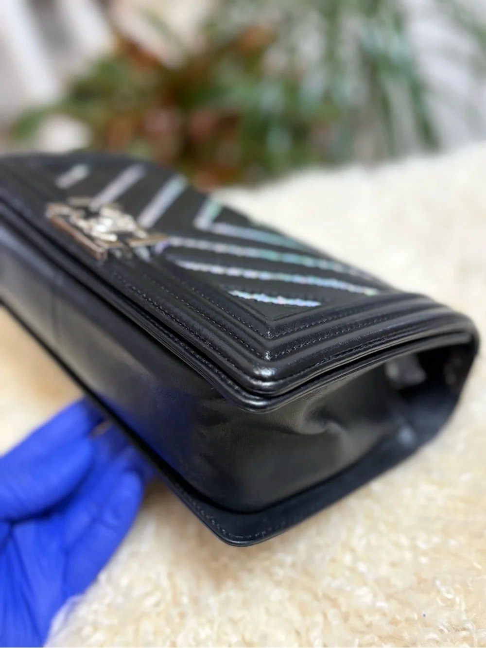 CHANEL Lambskin Iridescent PVC Chevron Quilted Medium Boy Flap Black Silver